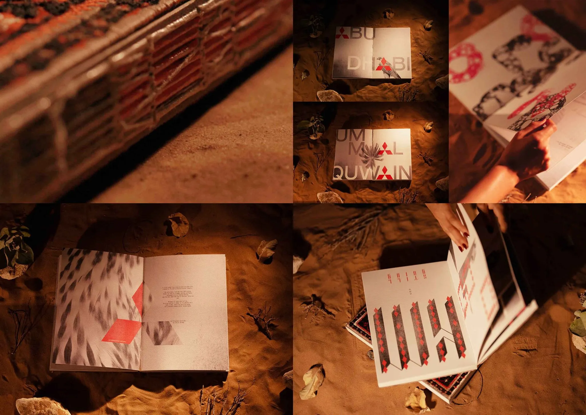Six views of the book open on the sand — spreads titled Abu Dhabi and Umm Al Quwain with a falcon and a palm, printed poems facing illustrated pages, and hands turning the paper.