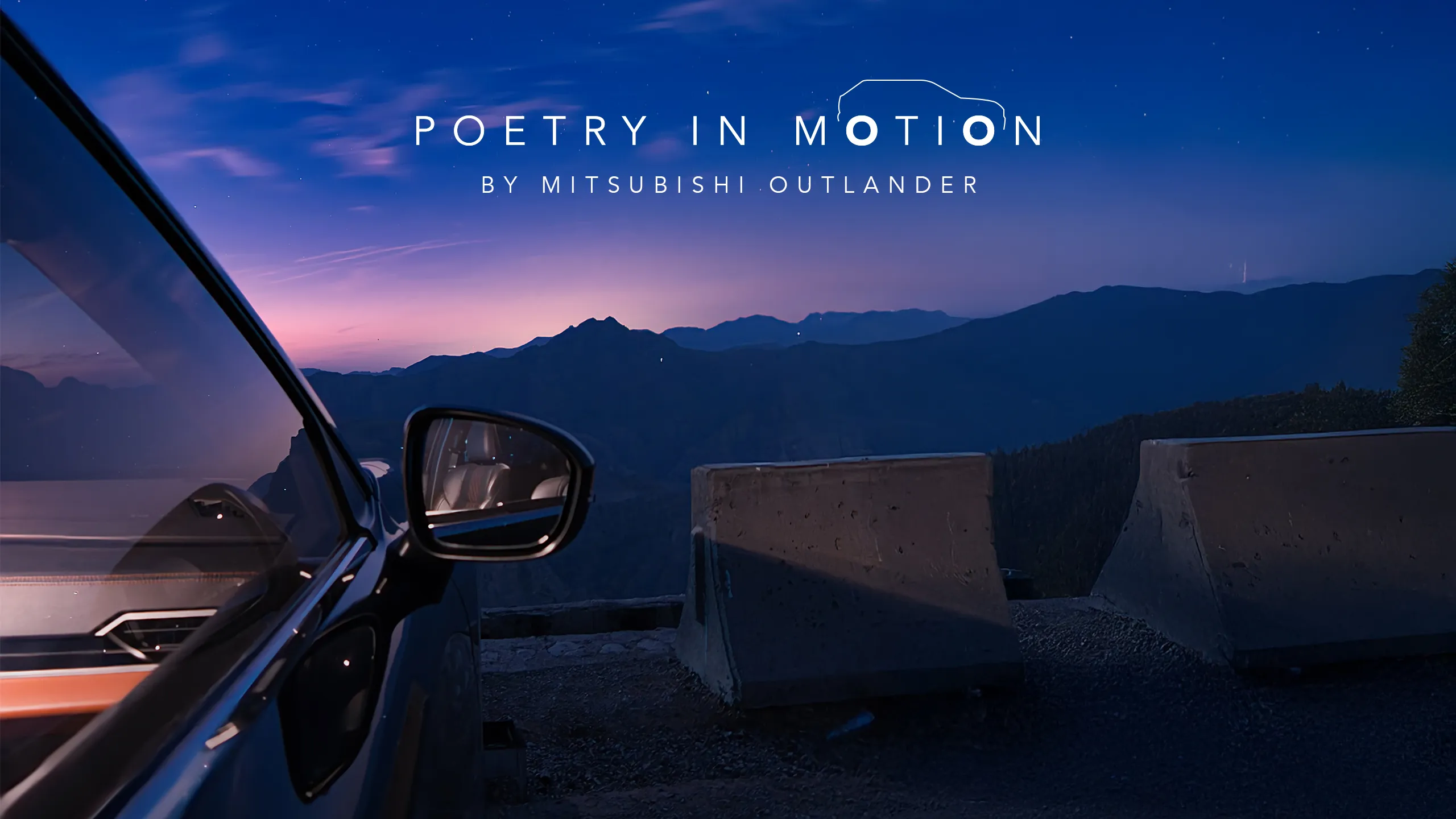 The Poetry In Motion key visual — a Mitsubishi Outlander parked at a mountain viewpoint at blue hour, the campaign title above the ridgeline.